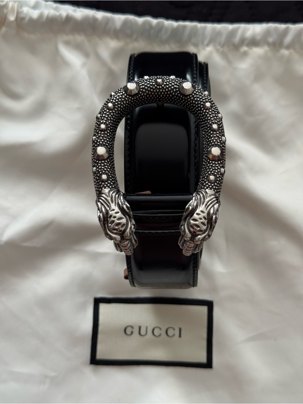 GUCCI Black Leather Dionysus Belt Silver Dragon Head Lion